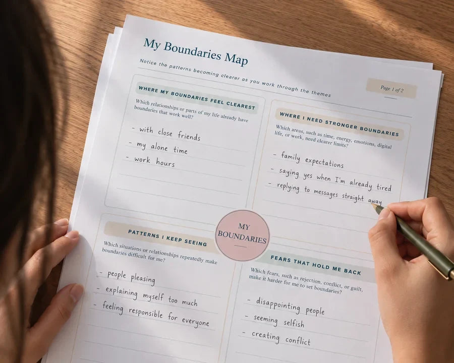 A woman filling in the printed My Boundaries Map page with a green pen at a wooden table