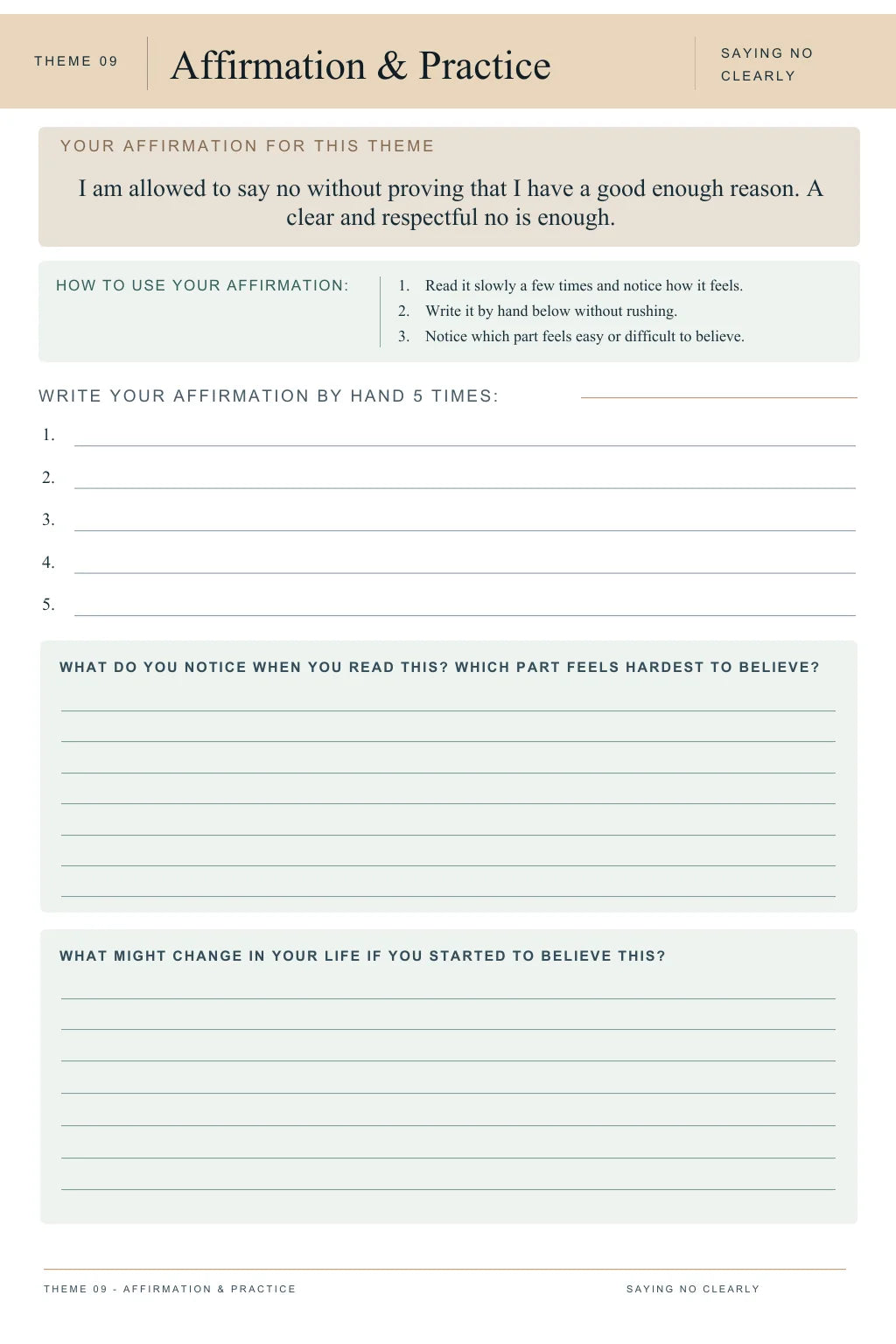 Affirmation and Practice workbook page from Theme 09, Saying No Clearly