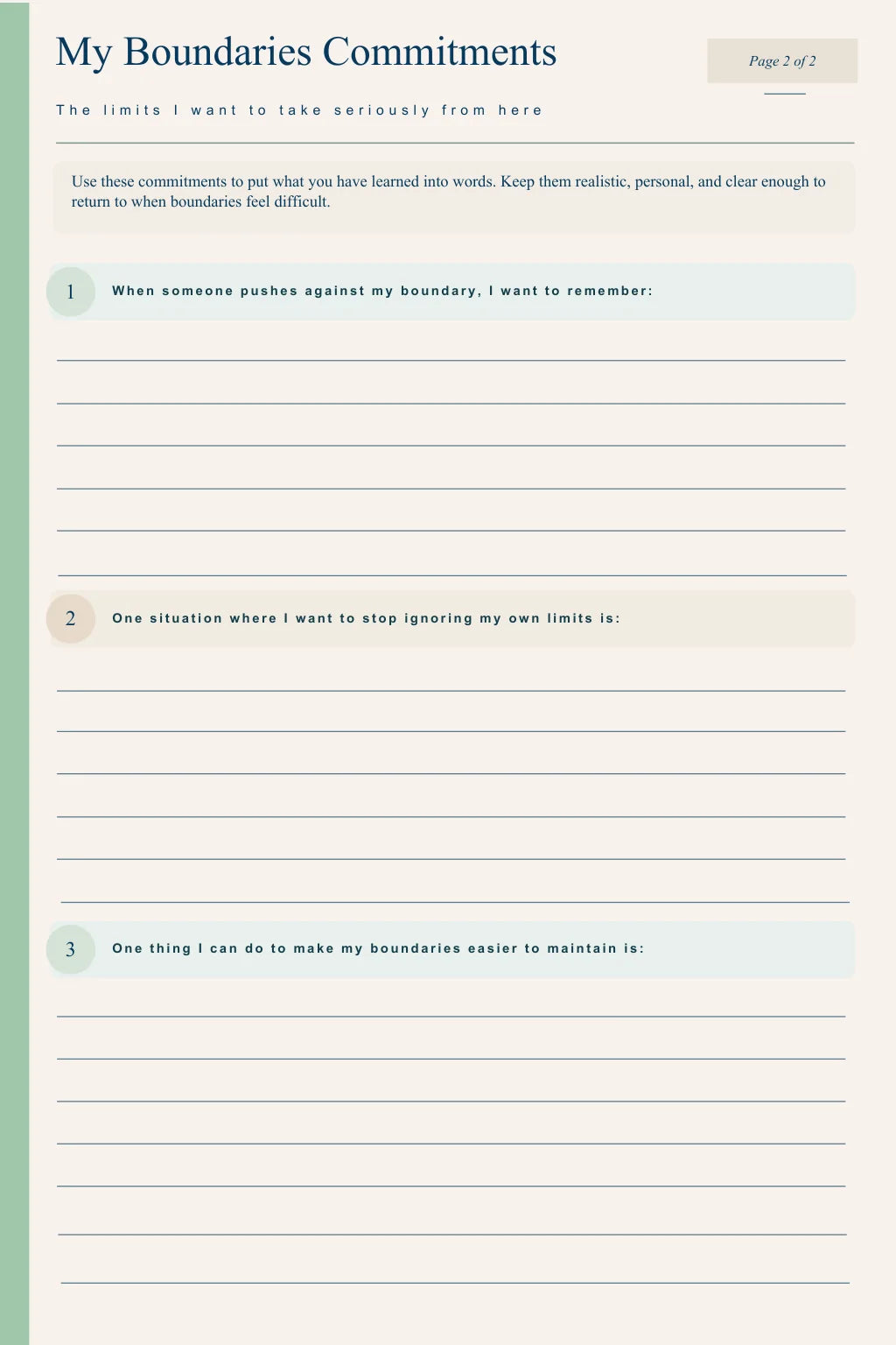 My Boundaries Commitments workbook page