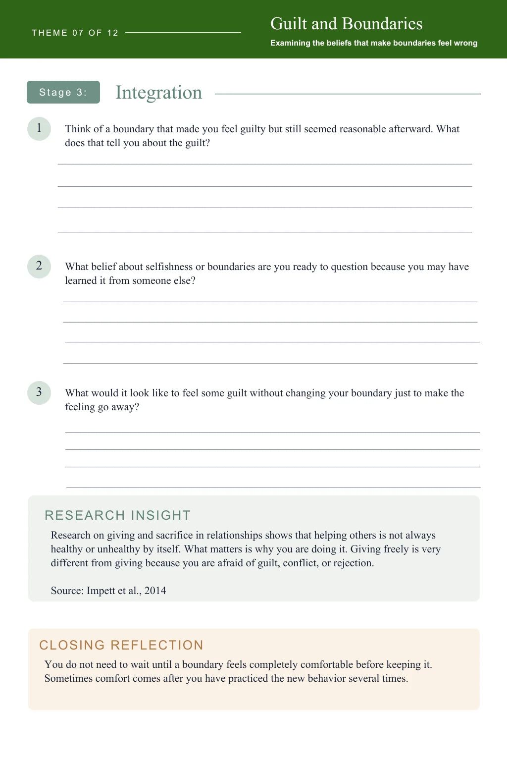 Guilt and Boundaries workbook page from the Integration stage