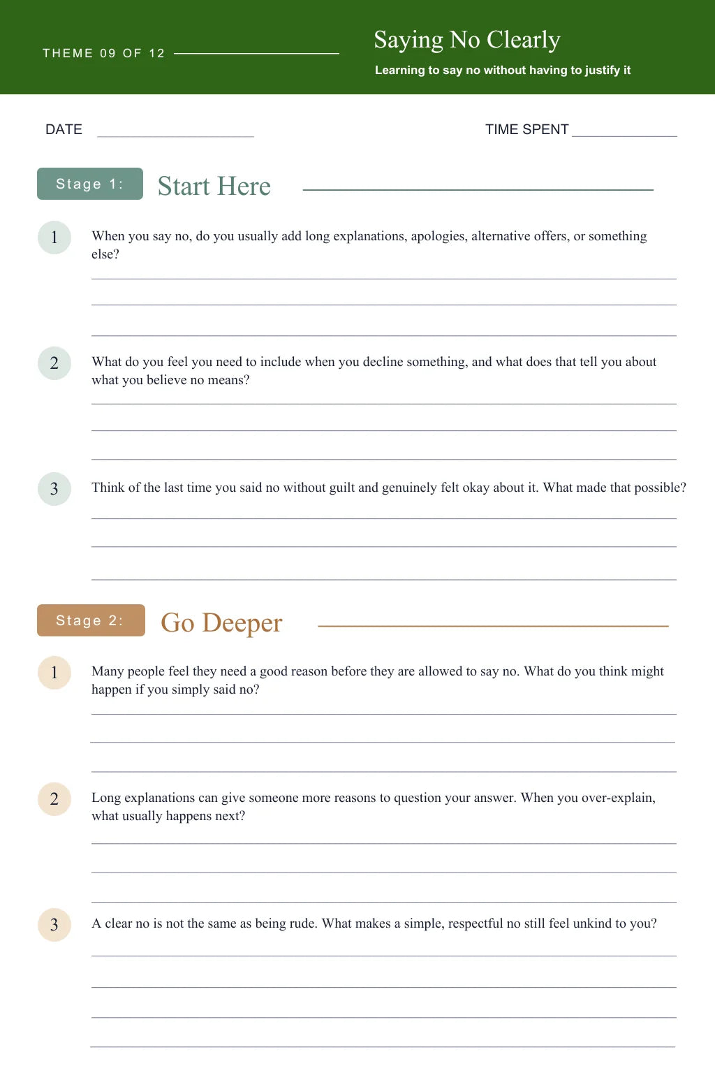 Saying No Clearly workbook page from Theme 09, with Start Here and Go Deeper prompts