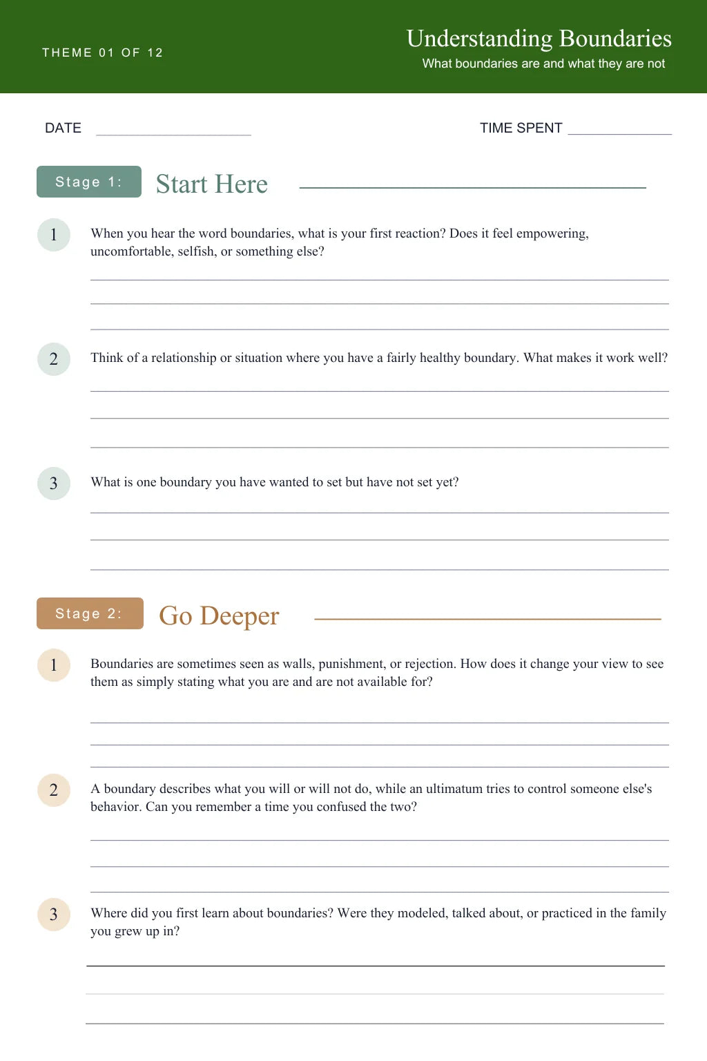 Workbook page from Theme 01, Understanding Boundaries, showing Stage 1 Start Here and Stage 2 Go Deeper prompts